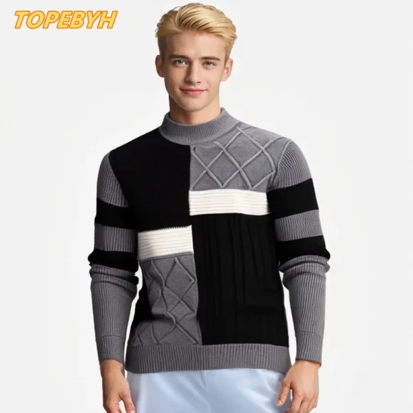 Men's New Autumn and Winter Casual Warm Color Block Sweater - Image 2