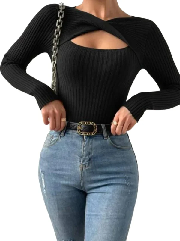 Casual Long Sleeve Hollow Out Irregular Round Neck T Shirts For Women - Image 2