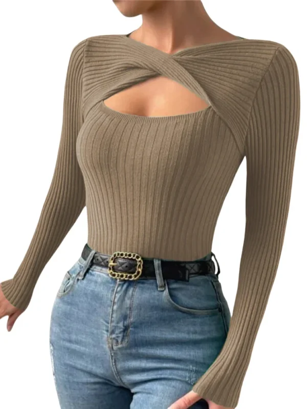 Casual Long Sleeve Hollow Out Irregular Round Neck T Shirts For Women - Image 3