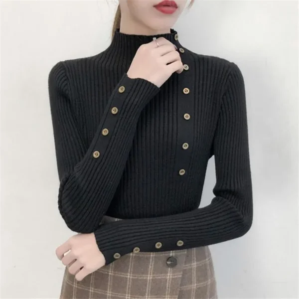 Women Knitted Slim Button Full Sleeve Turtleneck Sweater - Image 2