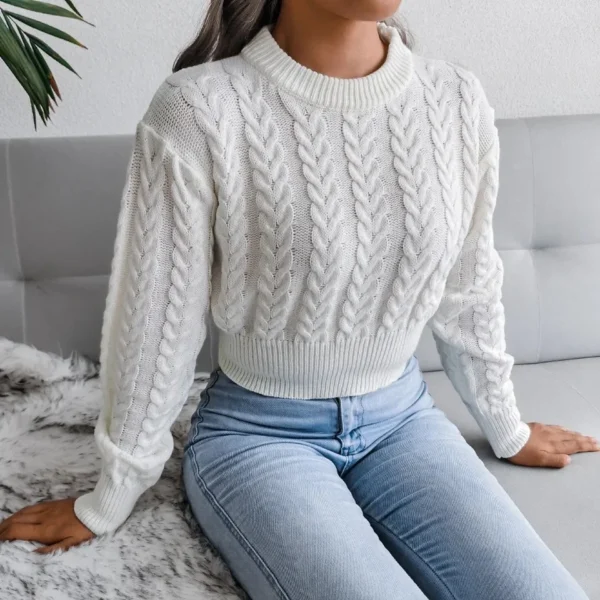 Crop Cable Knit White Sweater Women