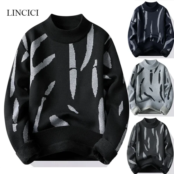 Winter New Men's Sweater Half High Collar Zebra Pattern