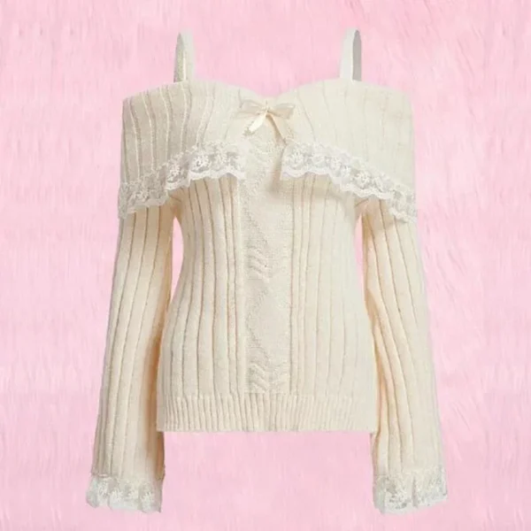 Women Shoulder Knit Bow Lace Sweater - Image 3