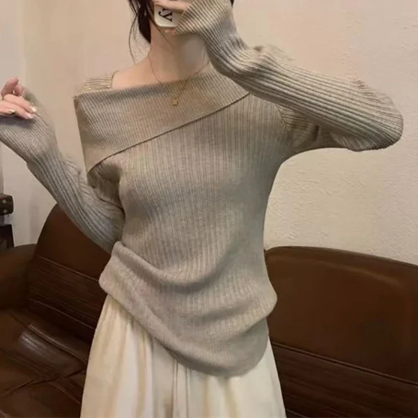 Solid Slim Off Shoulder Slash Neck Long Sleeve Sweater Women - Image 4