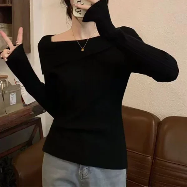 Solid Slim Off Shoulder Slash Neck Long Sleeve Sweater Women - Image 5