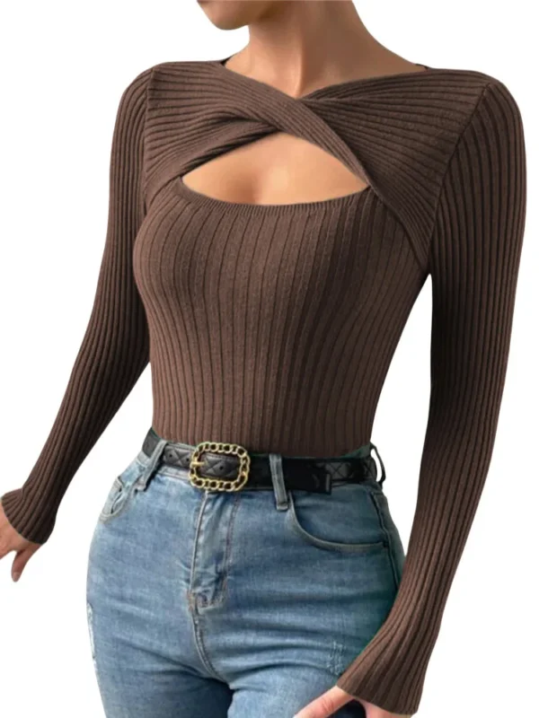 Casual Long Sleeve Hollow Out Irregular Round Neck T Shirts For Women - Image 4