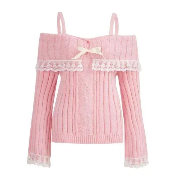 Women Shoulder Knit Bow Lace Sweater