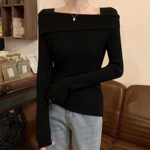 Solid Slim Off Shoulder Slash Neck Long Sleeve Sweater Women - Image 6