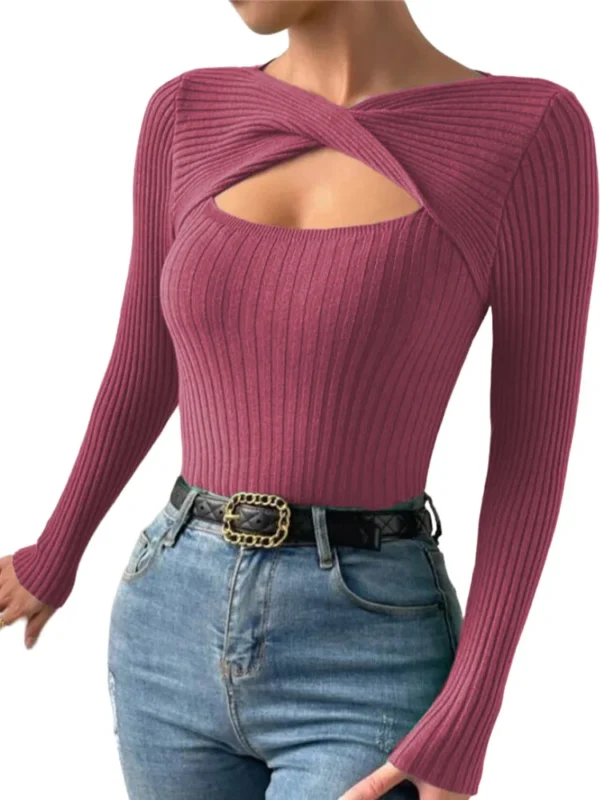 Casual Long Sleeve Hollow Out Irregular Round Neck T Shirts For Women - Image 5