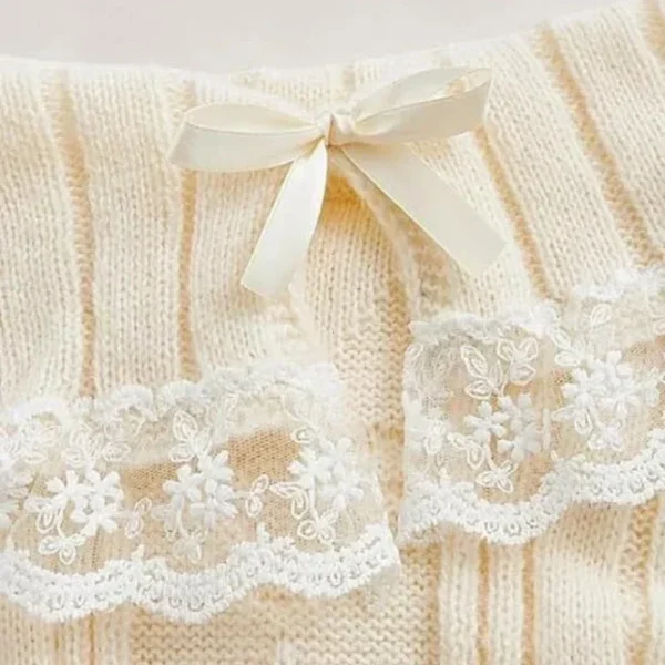 Women Shoulder Knit Bow Lace Sweater - Image 5