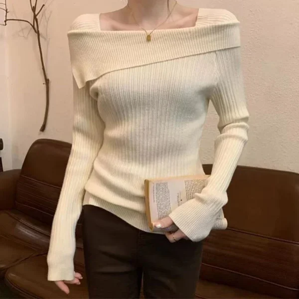 Solid Slim Off Shoulder Slash Neck Long Sleeve Sweater Women - Image 3