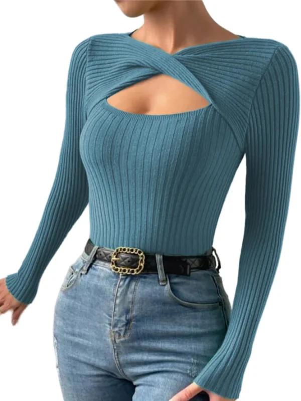 Casual Long Sleeve Hollow Out Irregular Round Neck T Shirts For Women - Image 6