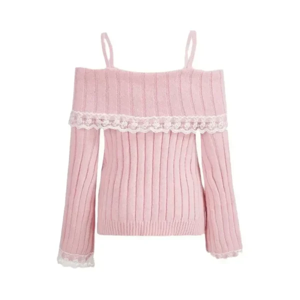 Women Shoulder Knit Bow Lace Sweater - Image 4