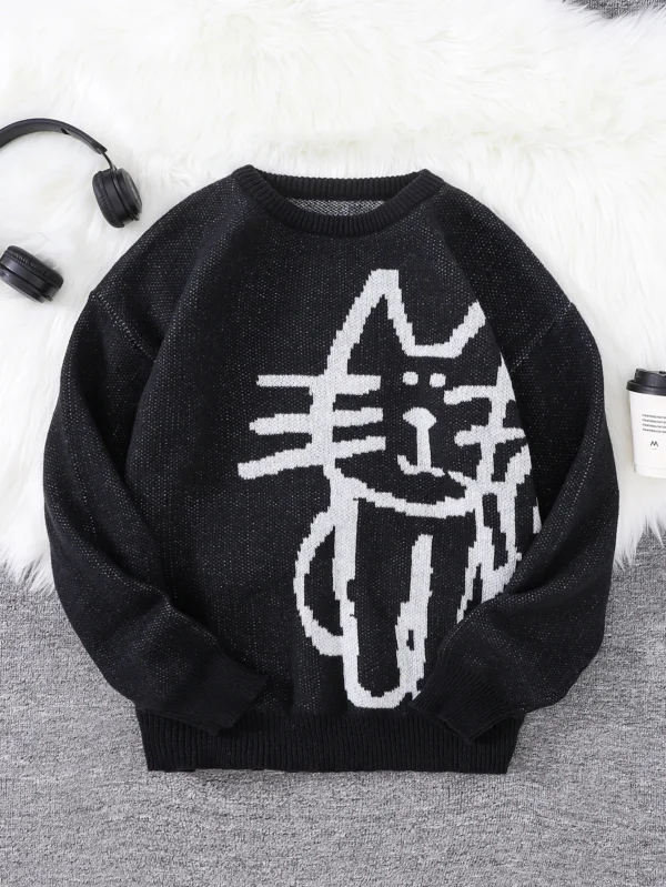 Abstract Kitten Jacquard Pattern Sweater Men