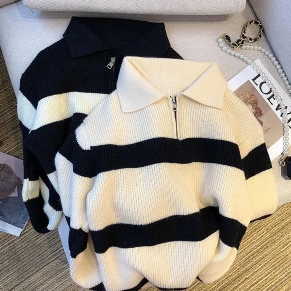 Women's Turndown Collar Striped Sweater